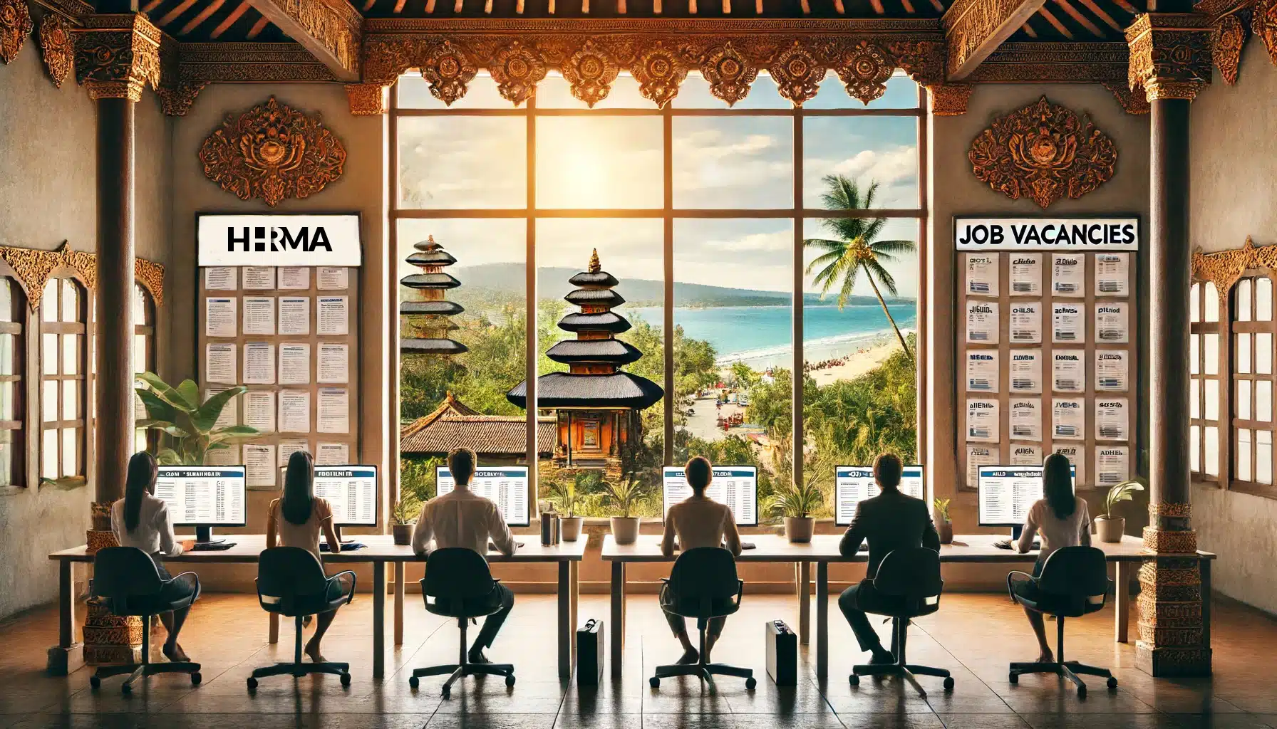 HHRMA Bali office with traditional Balinese architecture, modern workstations, and a scenic beach view.
