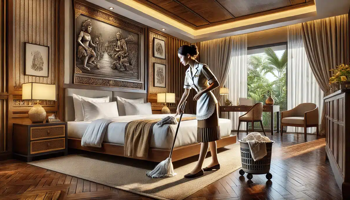 Seorang housekeeping wanita sedang menjalankan tugasnya di kamar hotel